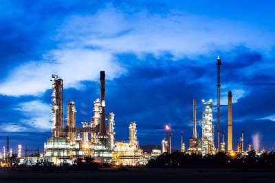 oil refinery at night